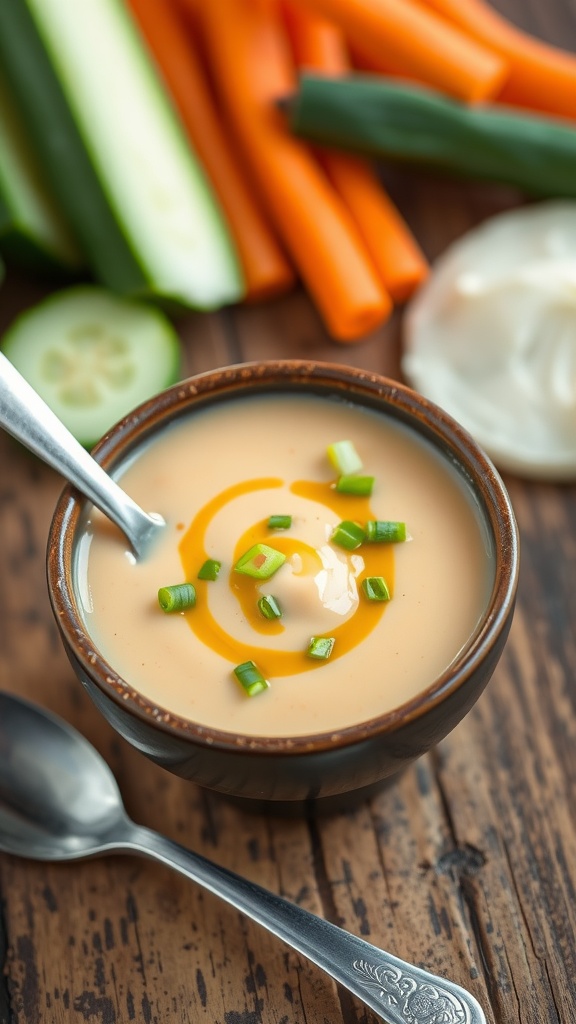 Creamy Vegan Yum Yum Sauce Recipe A bowl of creamy vegan yum yum sauce with vegetables on a wooden table.